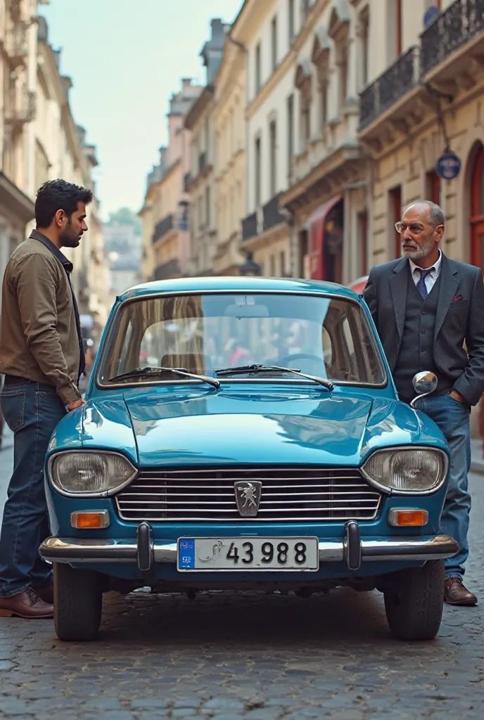 A blue Peugeot 205 car in Lille next to Mohit and two men standing next to the car 