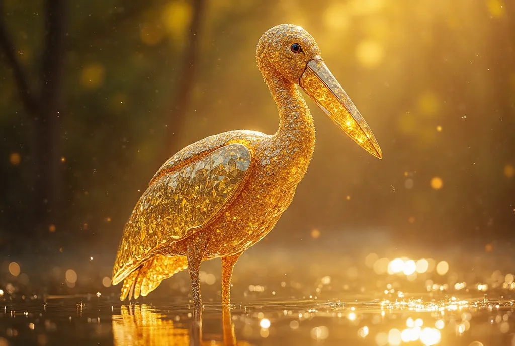 "Create an extraordinary image of a Shoebill Stork, where its entire body is made of shimmering yellow diamonds. The bird’s large, shoe-shaped bill sparkles with diamond facets, reflecting light in every direction. Its wings, formed from flawless diamonds,...