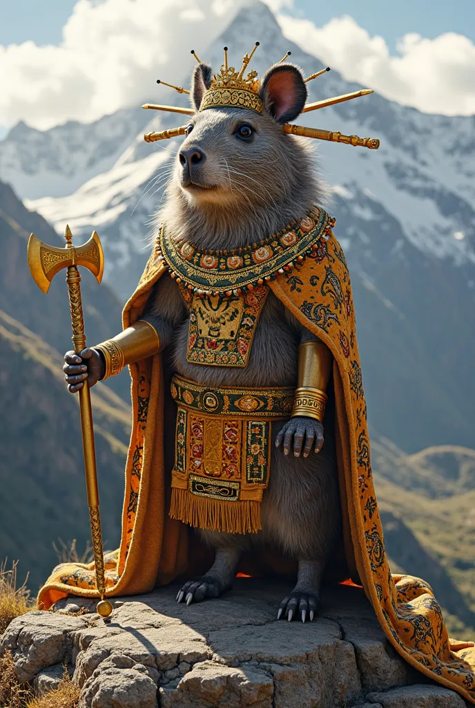 IMAGINE AN ANTHROPOMORPHIC GUINEA PIG, of 1.90m , standing confidently on a rock on top of a snowy mountain, with the green valley of the Inca empire extending majestically at your feet. wears a cape embroidered with golden thread that falls majestically a...