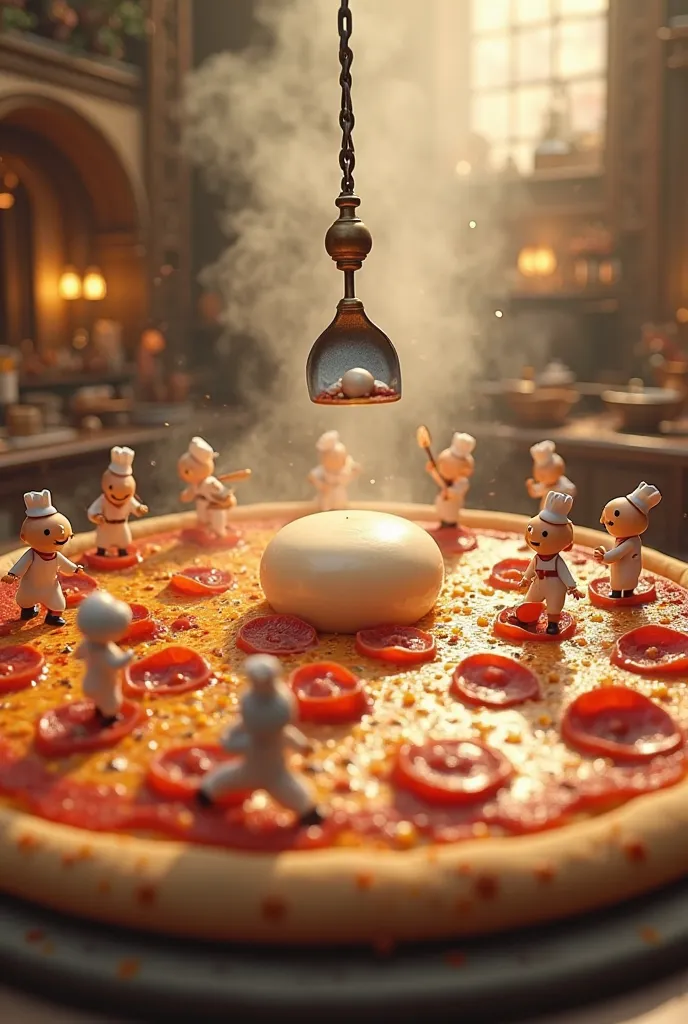 
Miniature Chefs Creating a Giant Pizza Wonderland

"A team of tiny chefs is working together in a magical kitchen, crafting an enormous pizza. One chef is using a giant spatula to spread tomato sauce, while another is carefully placing giant pepperoni sli...