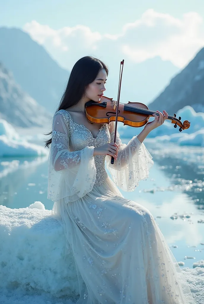 /imagine A fair-skinned priestess (30 years ), of Italian ethnicity, with smooth and long flowing black hair , is sitting on a block of ice that are shiny snow particles iridescent glacial totally iridescent blue and silver playing violin. She wears a long...