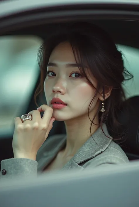 a close up of a woman sitting in a car with her hand on her chin, a picture inspired by Huang Ji, instagram, tachisme, lalisa manobal, dilraba dilmurat, ulzzang, xintong chen, ruan jia beautiful!, jia, lalisa manoban of blackpink, sun yunjoo