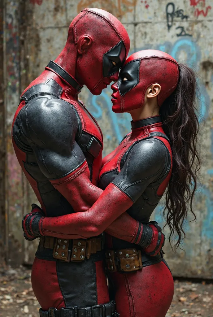 Man in a Deadpool costume kissing a woman in a Deadpool suit 