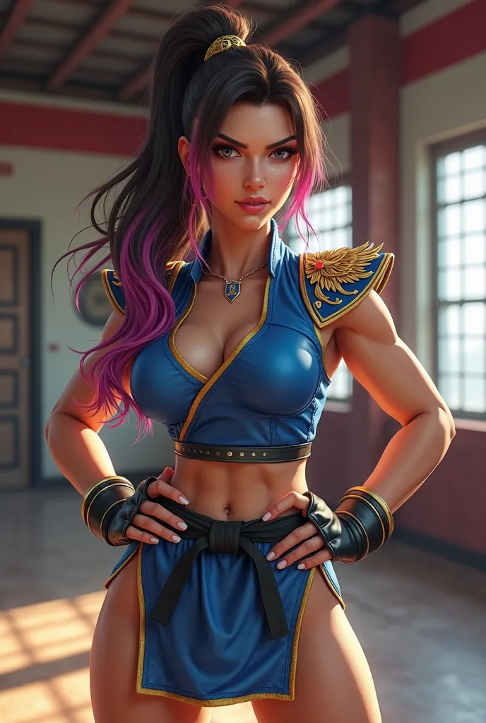 Chun-li A closeup ((photorealistic)) image of a muscular Caucasian Lindsey Strutt brunette with pink and blue highlight and a ((phoenix tattoo on her left shoulder)) is dressed as ((Chun-Li from Street Fighter 2 )) hands on her hips in an empty karate dojo