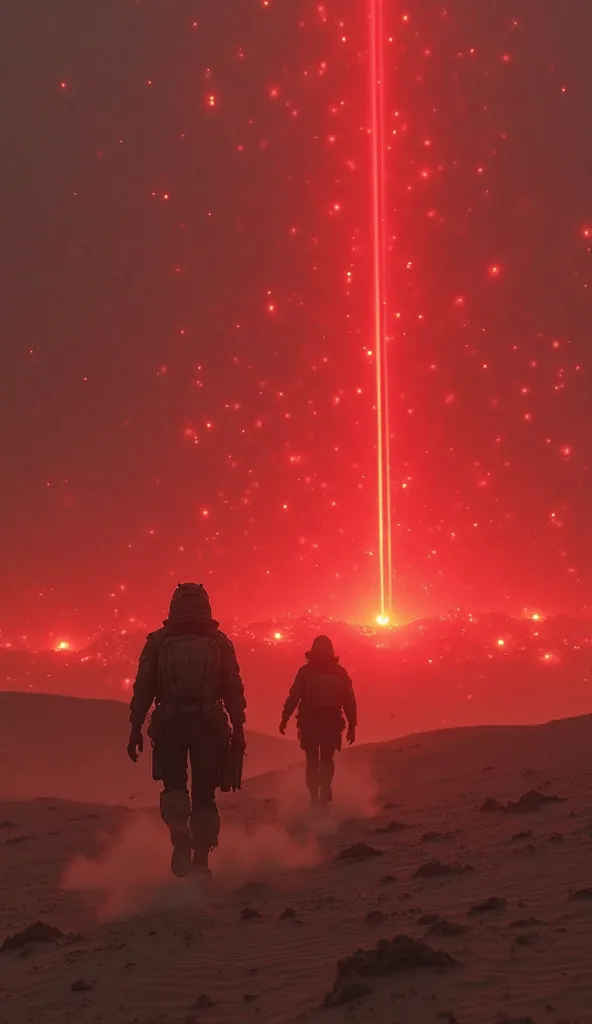 Red lights began to light up on the horizon, revealing an army of Sentinel drones rising from the dark. Dante and Lena run desperately across the desert, their footprints were lost in the dust raised by the wind. The machines advance rapidly, their lights ...