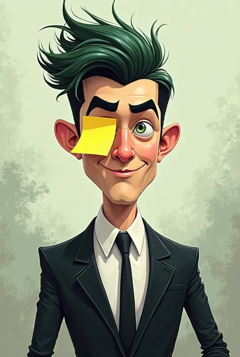 Create a guy in a black cartoon style suit, with black hair with green tufts and a yellow note stuck on his face