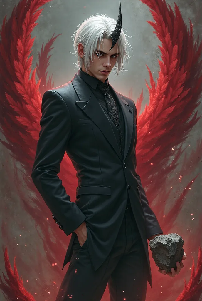 White hair boy , x suit , horn at forehead, fang, holding a stone, blood and feather like back gound