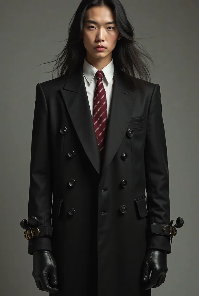 Live Action Tall  Asian  boy With Very Long Flowing Black Hair, Wearing a VERY Long Sleeved Baggy Black Double Breasted Suit and tie White Dress Shirt and Striped Red Tie. With Thick Baggy Black Leather gloves