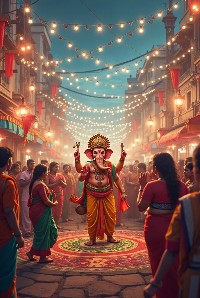 Generate an image of Ganesh chaturthi festival in India, city full of lights, celebrations, people playing music on streets