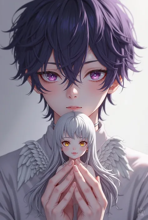 An anime ager who has dark purple hair,purple eyes shirt,has pale skin,He holds a porcelain angel who is a man and has a hair color between gray and white, It has yellow eyes 