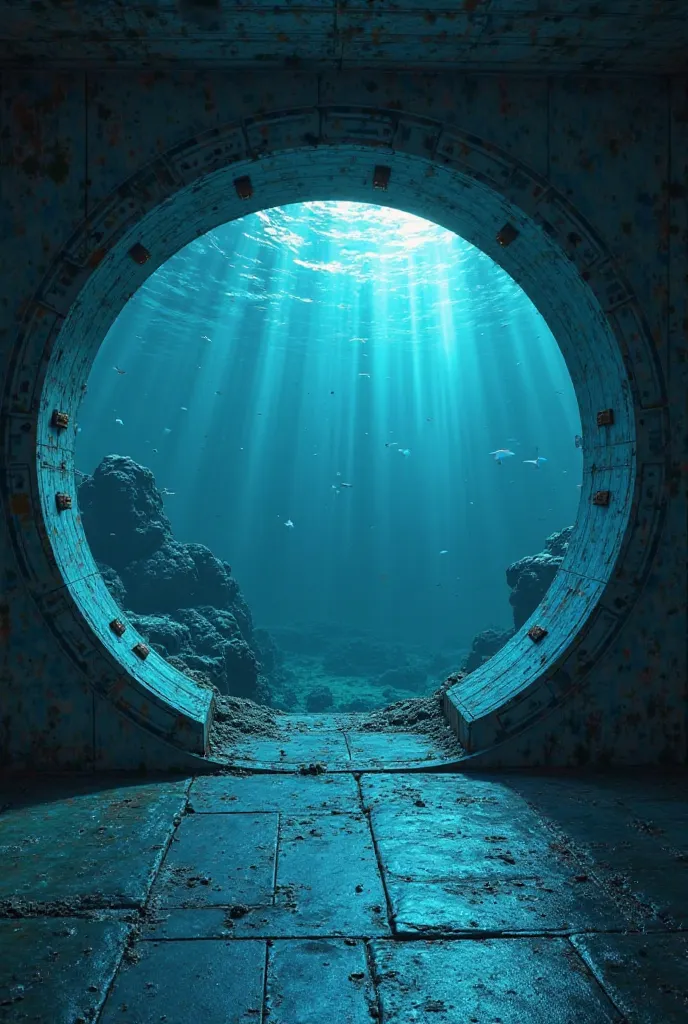 The chamber slowly opens, showing the interior of a compact room with metal walls and bluish lighting. A circular window reveals the deep ocean beyond, with rays of light