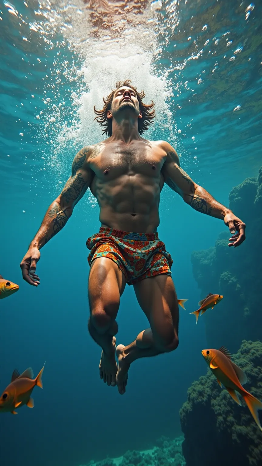 A thrilling, highly detailed underwater perspective capturing the exact moment when a powerful, tan-skinned man with a muscular physique is halfway through his dive into a crystal-clear deep blue lake. His arms, head, and upper torso have already submerged...