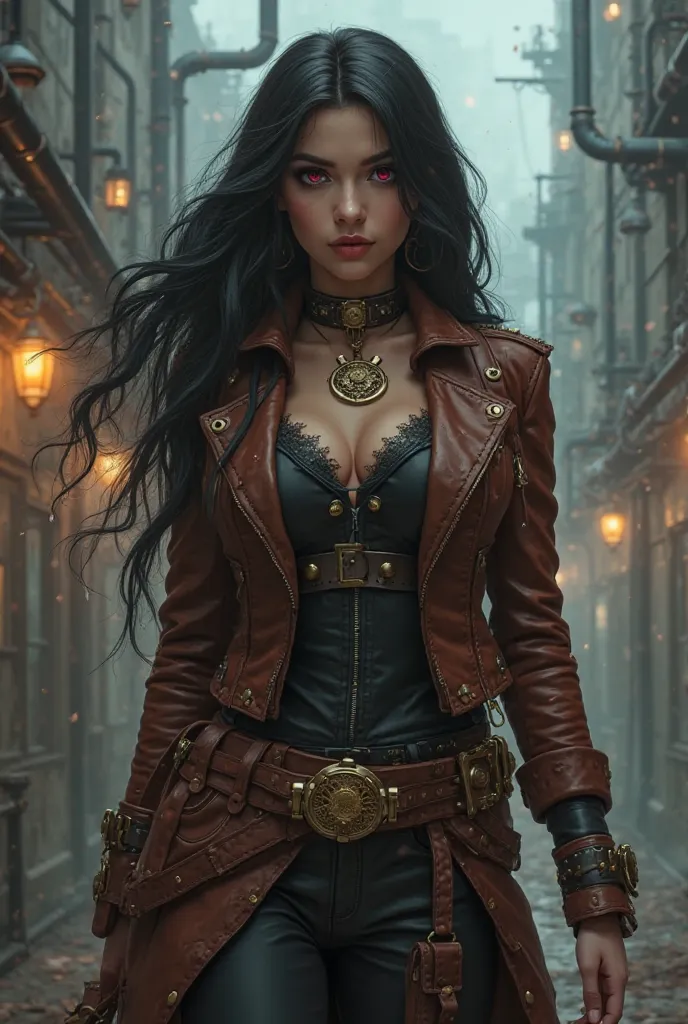 Haz 8 imágenes con esta descripcion en diferentes poses y acciones  "A steampunk-style female character inspired by Arcane (League of Legends). She has long, flowing black hair and deep red wine-colored eyes. Her skin is matte beige. She wears a brown leat...