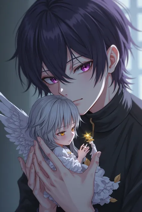 An anime ager who has dark purple hair,purple eyes shirt,has pale skin,holds a porcelain angel whose hair color is between gray and white, It has yellow eyes ,He is a man