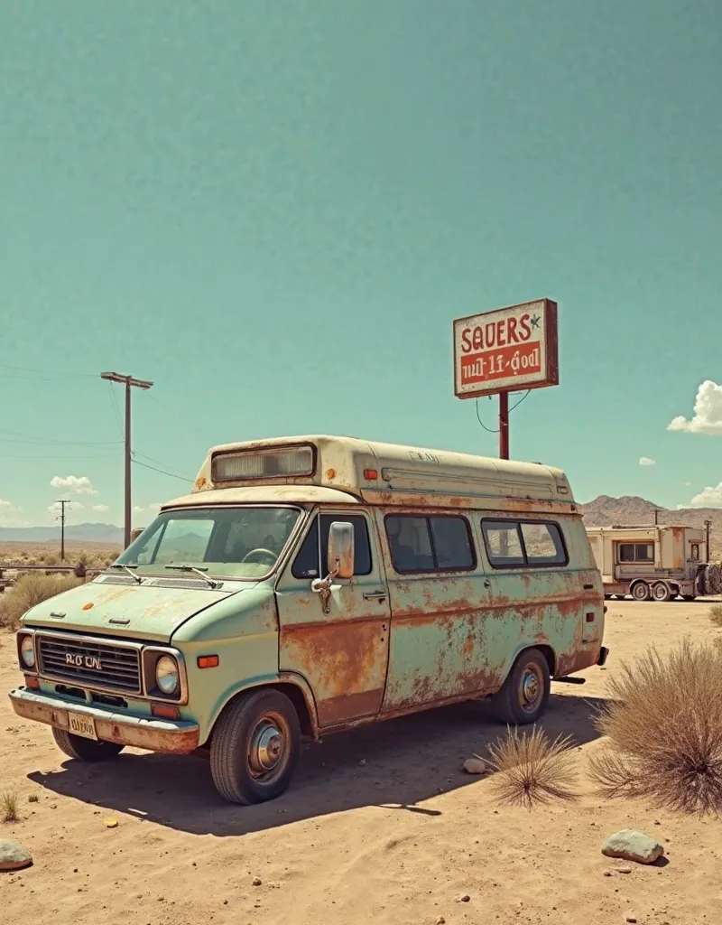 (photorealism:1.2), in the desert with a broken work van、An apocalyptic gas station 