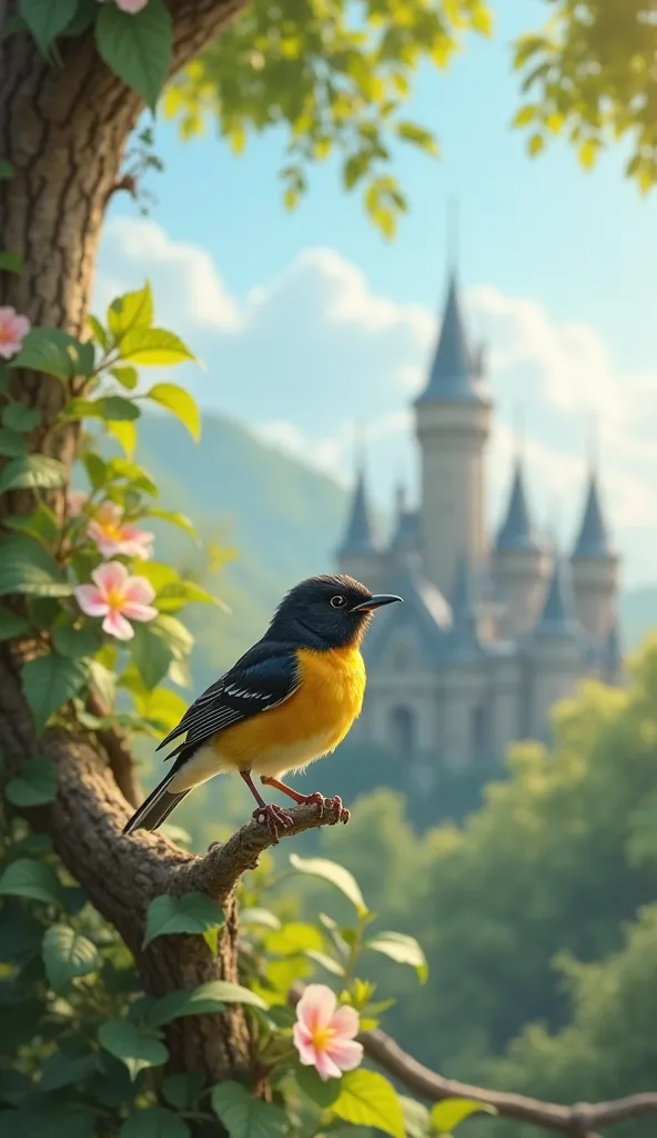 A little black and yellow bird singing in a tree with a castle in the background on the horizon