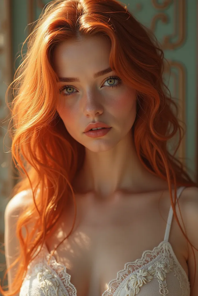  A girl with long wavy copper hair , beautiful and busty semirealistic style