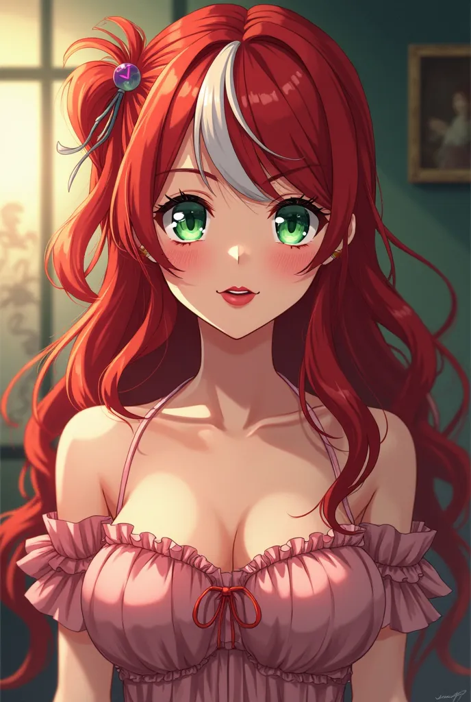 Pretty woman, sweet face , curly long and red hair with one White streak in halftail, Apple Green eyes, red lipstic , dress with ruffled neckline, pretty and sexy body , dr stone style