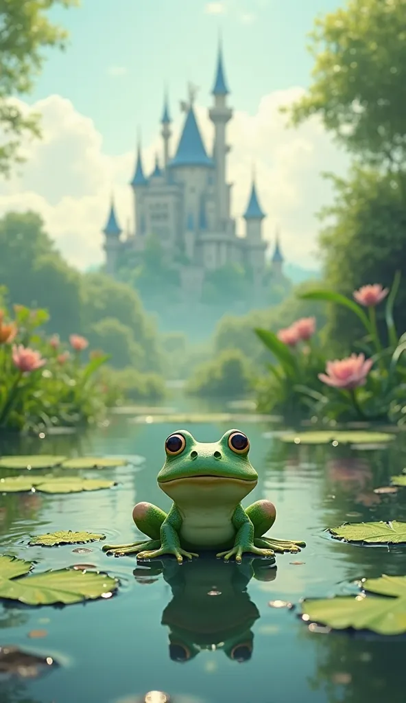 A frog in the pond with a castle in the background on the horizon