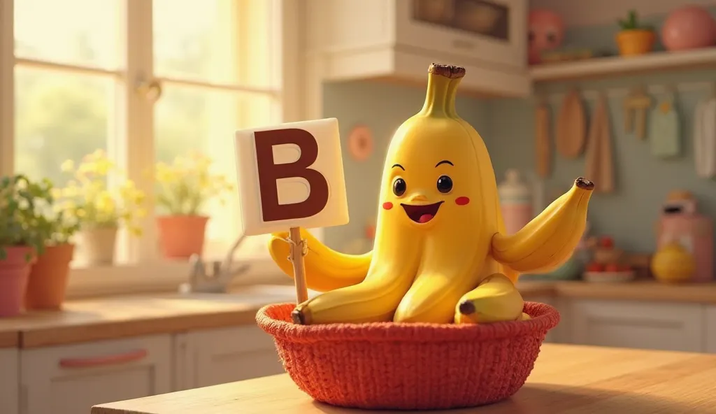 🅱️ B – "B is for bananas, such a treat"

"A bunch of golden-yellow bananas with a smooth surface, placed in a cozy red basket on a wooden kitchen counter. One banana has a happy, cartoonish face and is holding a small sign with the letter 'B' written in bo...