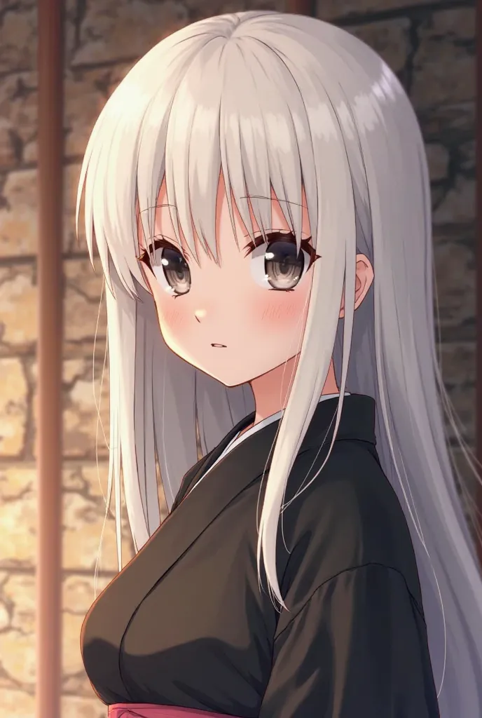  NARUTO style anime girl, straight white hair without bangs, pale and youthful skin, with slanted and black eyes , very soft pink lipstick and slightly pink cheeks simple black kimono with stone wall background and warm lighting, From age s 