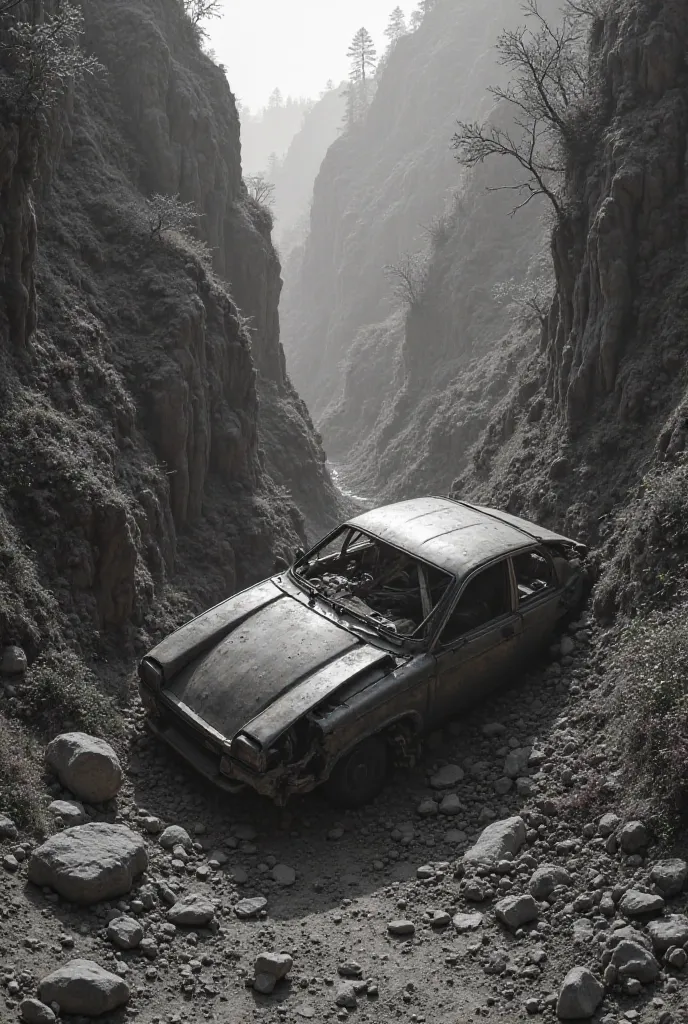 Image of an overturned car in a ravine black and white image 