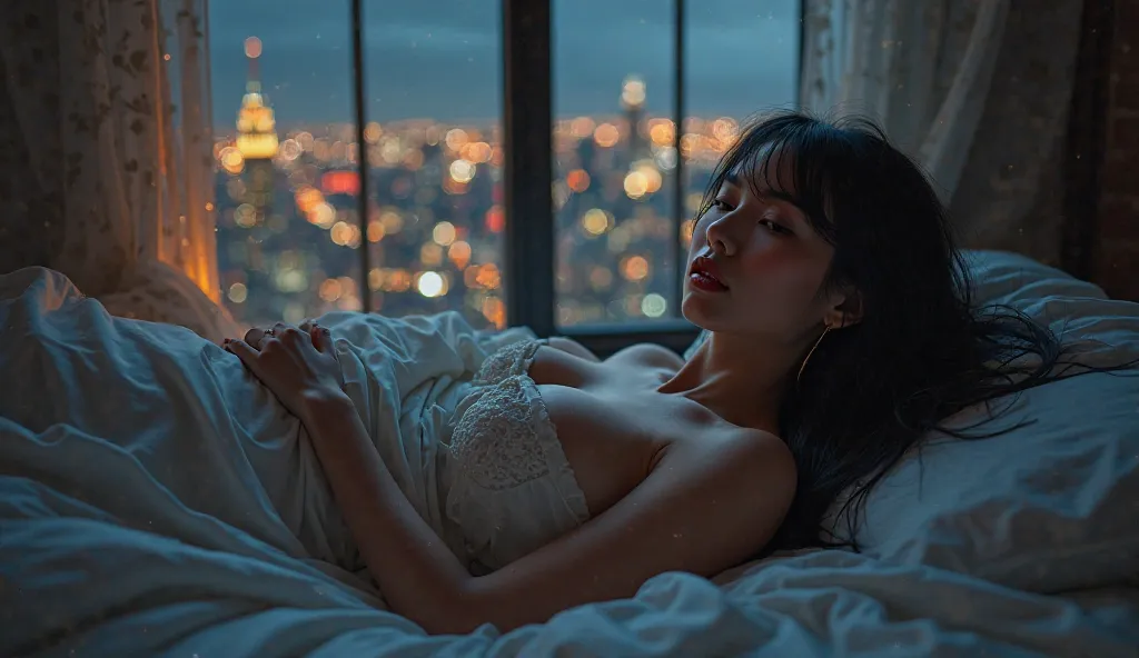 Red and sensual image, Beautiful woman with long straight black hair wrapped in sheets in her apartment watching New York City from the window at night 