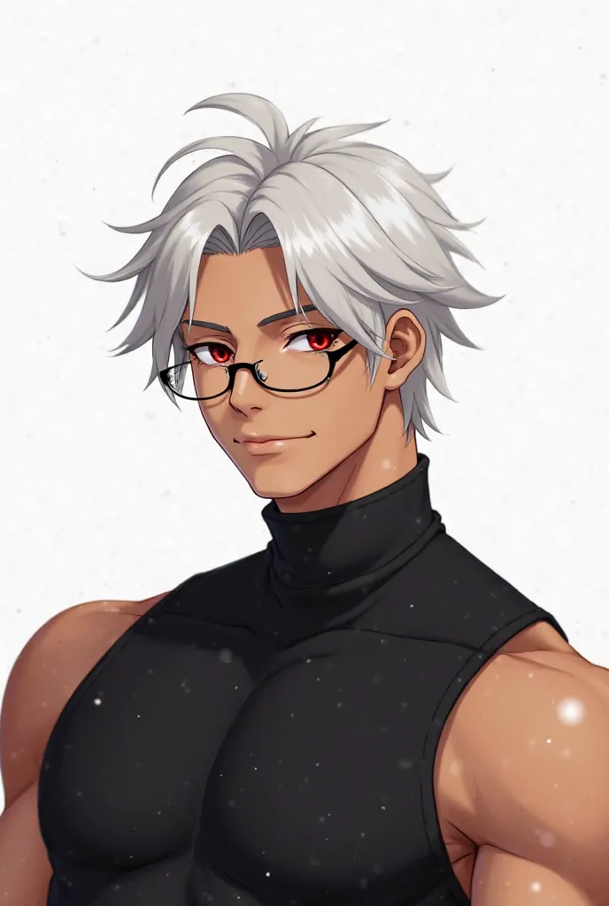 Create an anime man with medium white hair with bangs, Muscular, brown skin with a black turtleneck shirt, red eyes and thin black rim glasses. He's smiling on a white background.