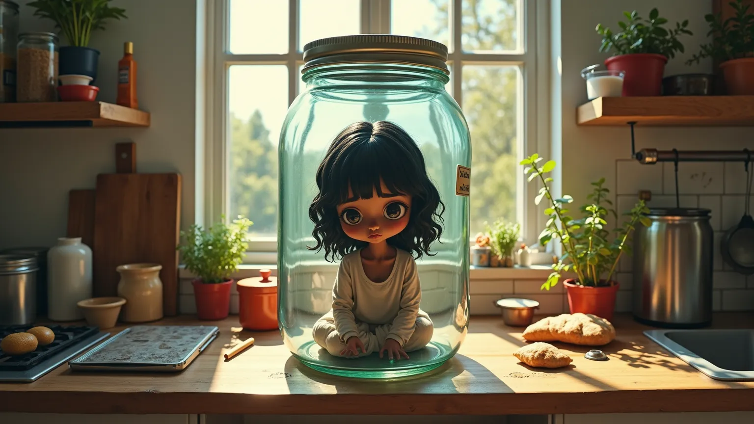 A top down photographic style shot of a shrunken woman, black skin, wavy black hair with blunt bangs, brown eyes. The woman has a embarrassed expression and is kneeling alone inside of a giant glass mason jar with the lid on, on a giant wooden windowsill w...