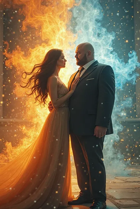 Photo de couple femme, Brunette, with a dress and a fat bald man in a suit who control the four elements of nature with fire, Earth and air