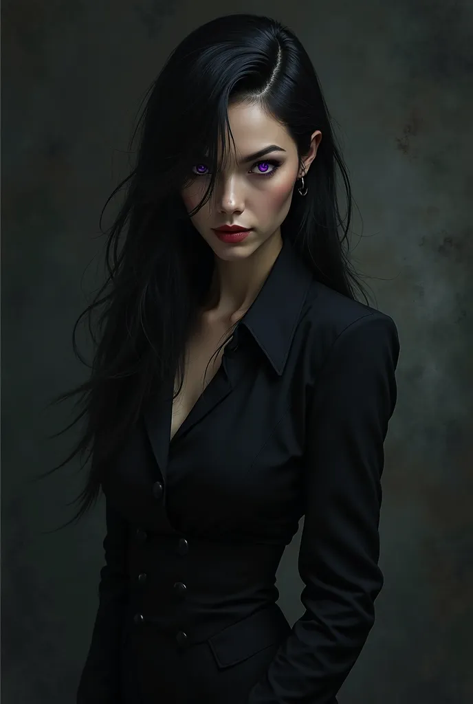 Lethal Mala, cruel, Ruthless Woman with Violet Eyes with Long Black Hair in Black Aesthetic Suit Dark Background 
