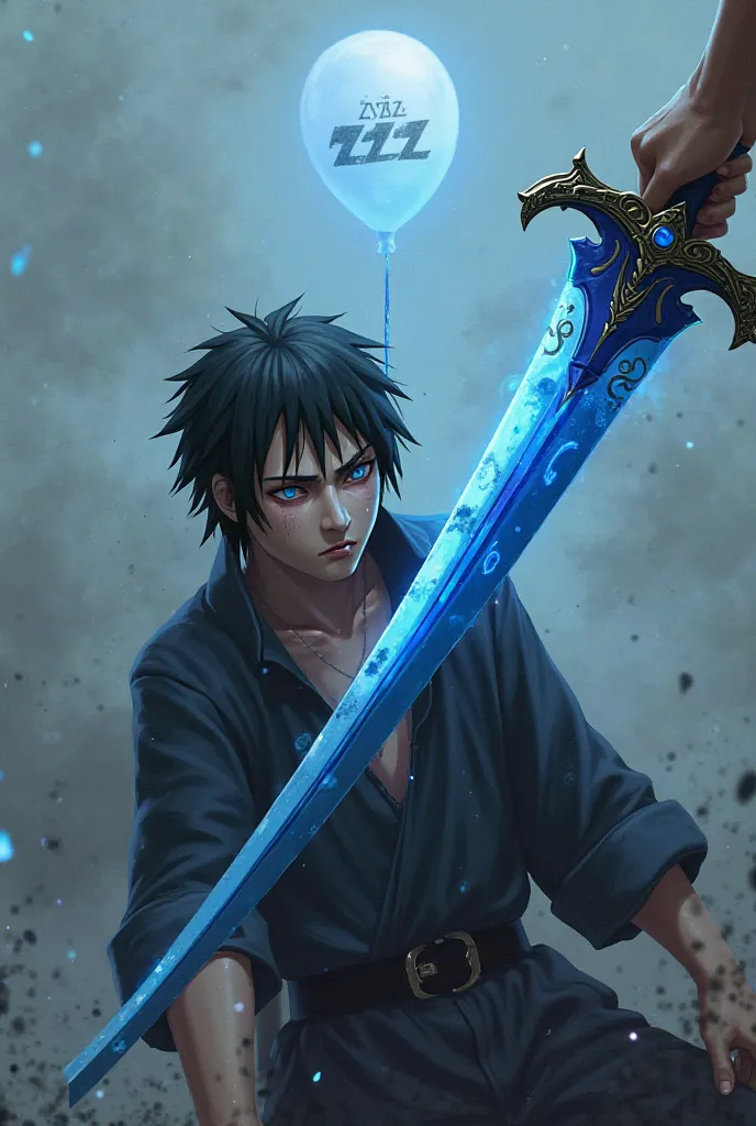 The image of Sasuke Uchiha is stabbed with a flamboyant sword in blue and written in the image of S Sasuke Zzz in a faint white balloon 