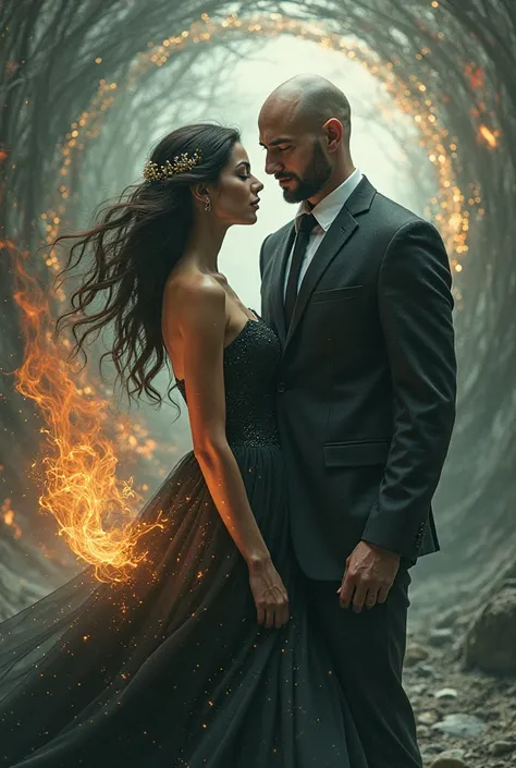 Photo de couple femme, Brunette, With a dress and an ugly bald man in a suit who control the four elements of nature with fire, Earth and air