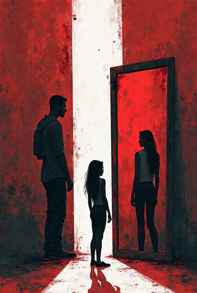 Uma ilustração forte e expressiva em preto, vermelho e branco, representando a luta contra o vício em drogas. A silhouette of a person standing in front of a mirror. In the reflection, they see their past self consumed by addiction, but outside the mirror,...