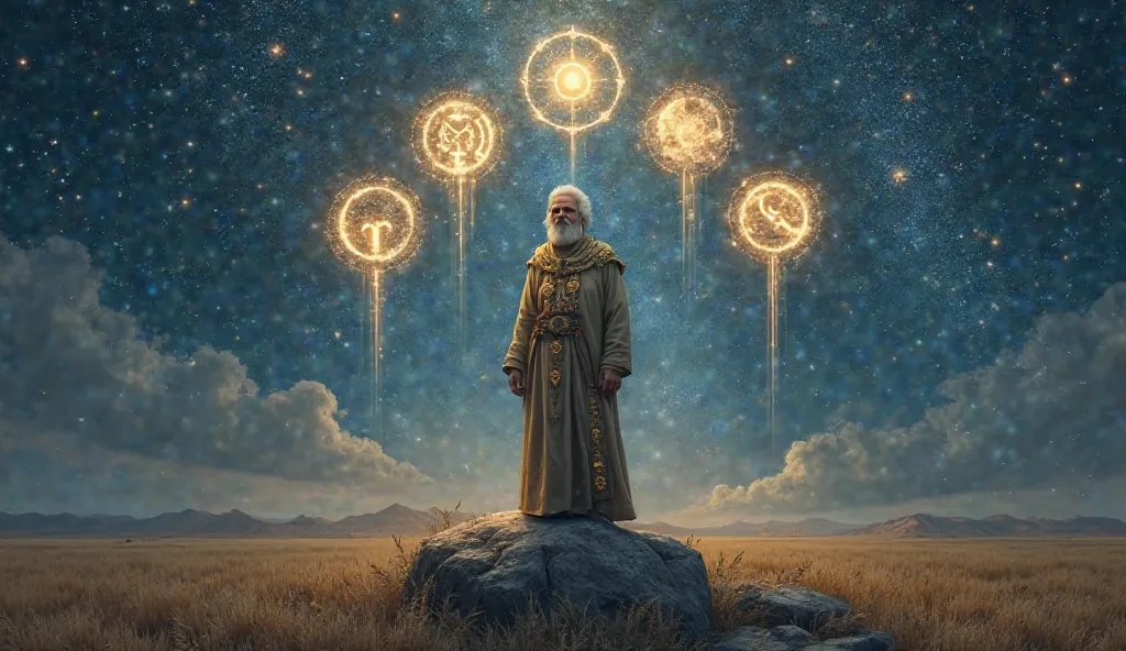 "An ancient prophet, dressed in an esoteric tunic, stands on a rock in an open field at night. He gazes at the starry sky, where rays of cosmic light emerge, illuminating the five zodiac signs represented by glowing symbols in the stars. Surrounding him, c...