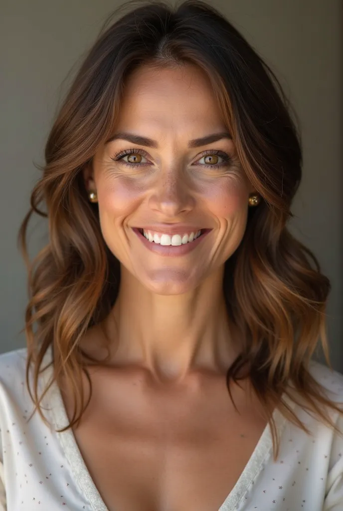 "A stunningly realistic portrait of a 40-year-old woman, with soft natural lighting highlighting her expressive hazel eyes and radiant skin. She has subtle laugh lines, wavy chestnut hair cascading over her shoulders, and a warm, confident smile. Shot with...