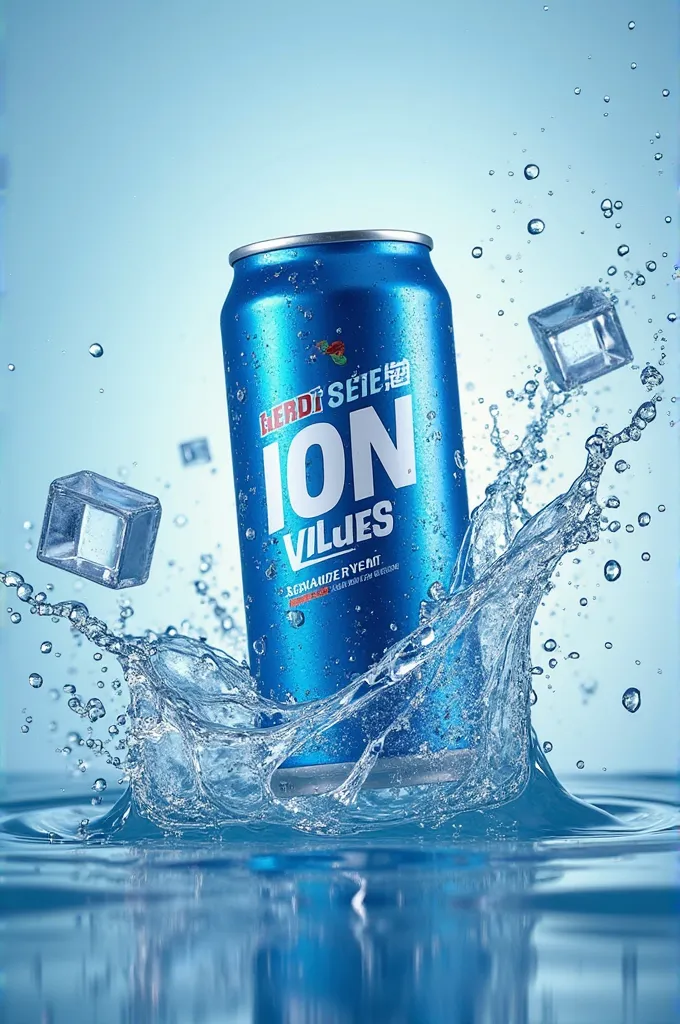 A can of soft drink, a drink containing ions, is suspended amidst water splashes against a bright blue background. The can is in mid-air, surrounded by dynamic water splashes and ice cubes, bringing a refreshing coolness. The can itself is mostly blue with...