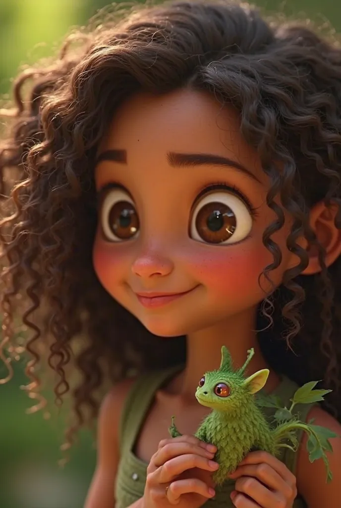 a close up of a young BRUNETTE , BROWN EYES AND WAVY HAIR, WITH A SMALL CREATURE MADE OF ROOTS AND LEAVES , A photo from Disney, trending on artstation, sumatraism ,  in the style of the movie The Croods , 'Raya and the Last Dragon' etc , animated film,  a...