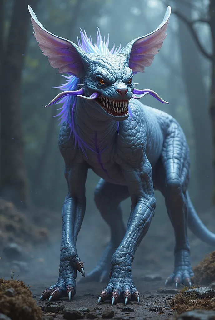 Four legs long ears that look under its chin sharp claws on each paw long sharp teeth silver blue body with line of purple energy running along his side  long tentacles two on each cheek retracted 