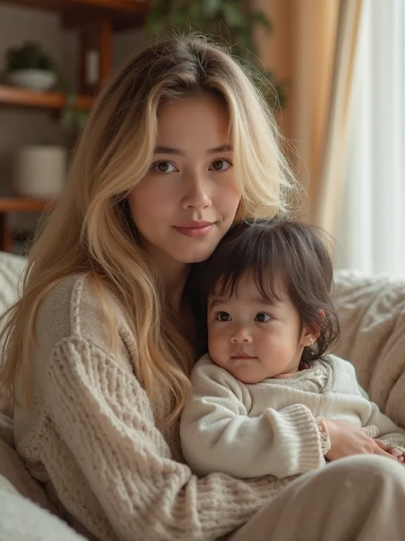 Une blonde de 18 ans, avec une petite fille japonaise de 2 ans assise sur ses genoux, dans un salon. Les 2 regardent le viewer. Photo détaillée. Vraie photo. Réaliste. 8K. Photo prise avec Iphone