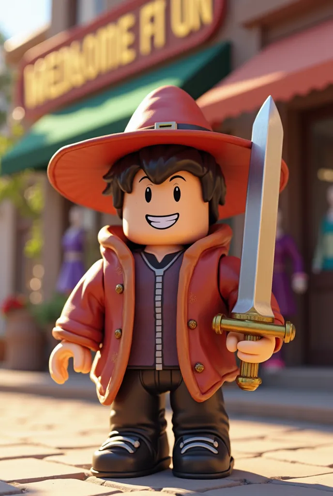 Make me a Roblox bacon (male default) character wearing whitch hat happy and holding a shiny sword infront a Clothes shop at morning 