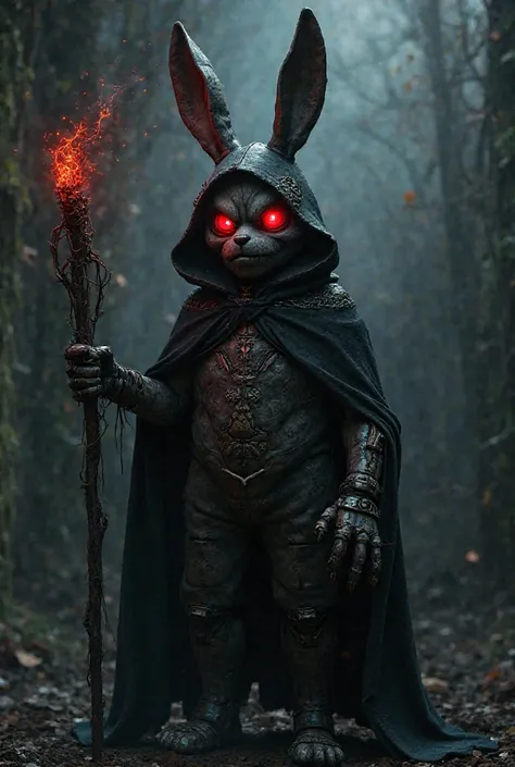 A tall, sinister rabbit similar to the villain from Five Nights at Freddys, necromancer,  holding a staff, vestindo um manto com capuz e  holding a staff. He is Animatronic 