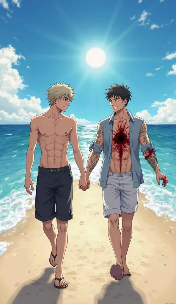 "An anime-style illustration of two handsome young men walking hand in hand along a sunny beach. Both have slightly muscular physiques. One of them has slightly lighter hair and is shirtless, while the other has short black hair, ear gauges, and wears a sl...