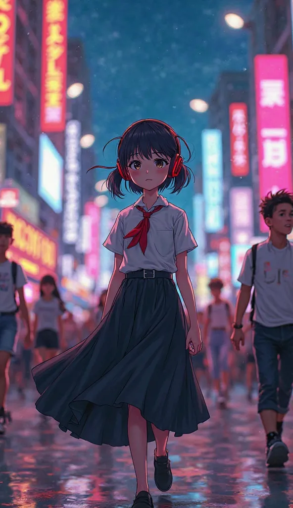 Girl with small black hair and pigtails wearing a long black skirt and a white shirt with a red tie wearing headphones walking on a freedom march in an anime-like night city