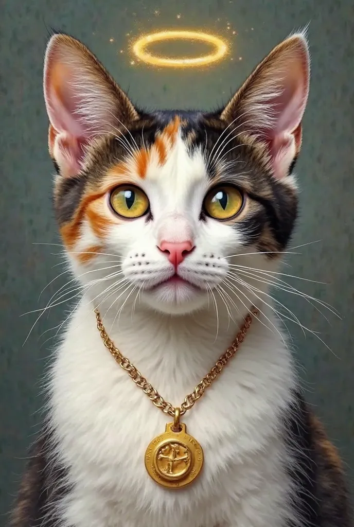 Create an oil portrait of a cat with dark brown spots on both eyes , the white body, the pink nose and olive green eyes, with an angel's aureole on the head and wears a necklace with a plate that says "bis co"  entering cat paradise and more kittens are we...