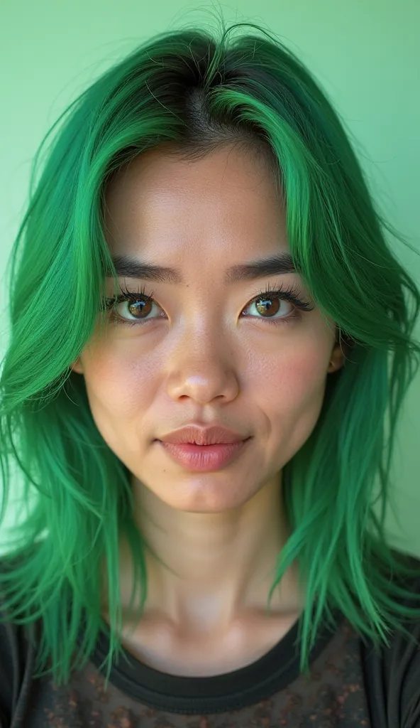 UA Brazilian influencer with vibrant green hair and thick eyebrows, known as the face of gamer products. The image is a sharp, high-resolution frontal portrait, capturing neutral expressions. The setting is clean and minimalistic to emphasize the subject's...