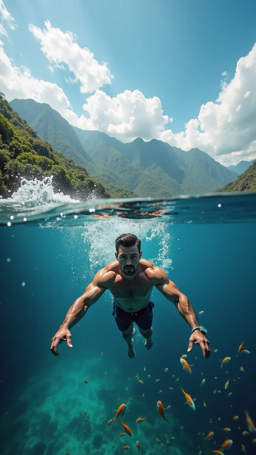 The camera is partially submerged in the water, capturing a stunning view of lush green mountains and a vibrant blue sky above the surface. Below the waterline, the lens reveals a mesmerizing underwater scene, with colorful fish gracefully swimming through...