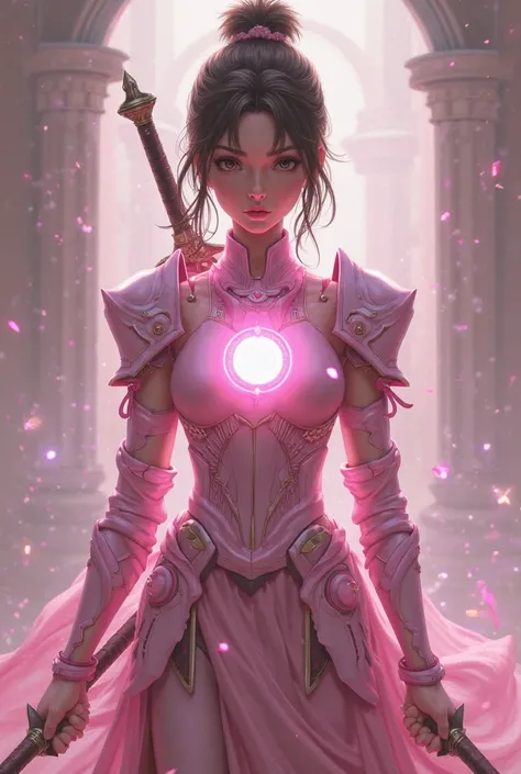 Female brown hair shoulder lengthin a bun brown eyes thin slender build pink circle of energy center of chest twin blades sheathed on her back  pink chest armor 