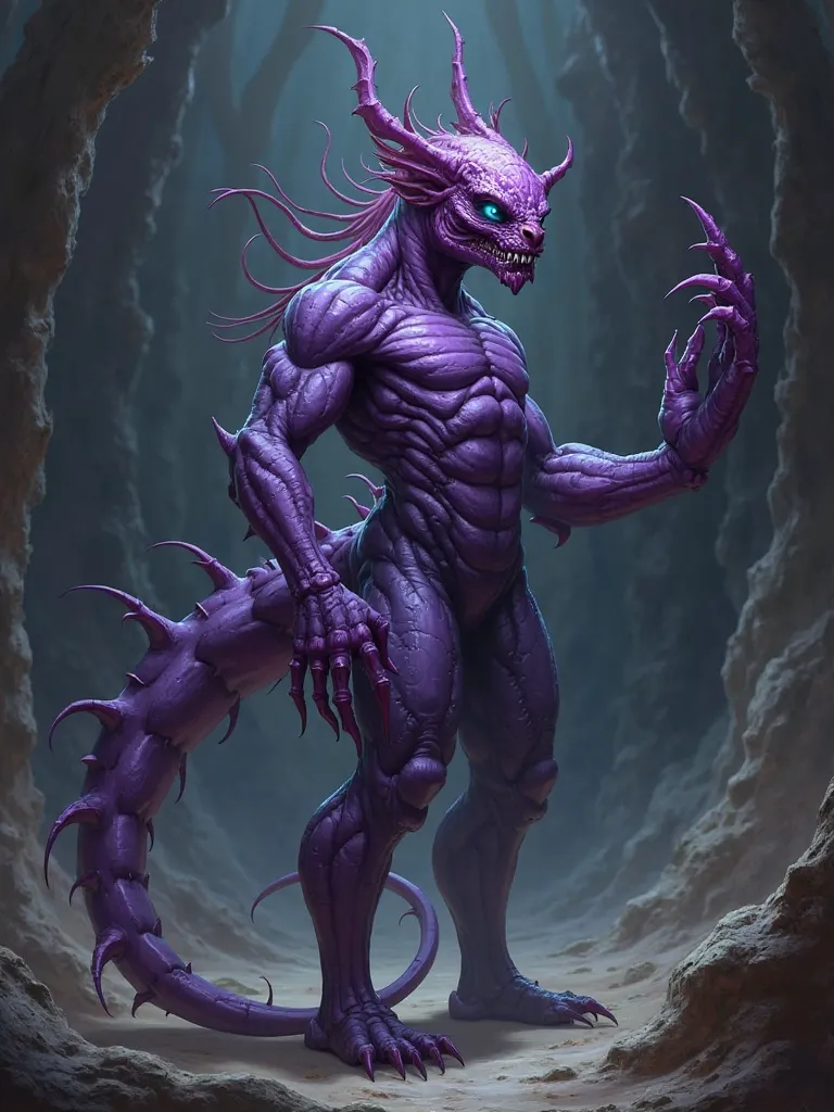 Create me an image of a character half scorpion and half human, The body must be purple