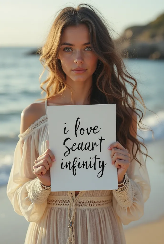 Beautiful girl with long wavy hair, bohemian dress, holding a white board with text " I Love Seaart Infinity " and showing it to the spectator